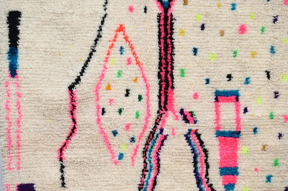 Decorbites handmade traditional azilal rug 241x140 cm with cream base and bold geometric colors pink black blue green yellow