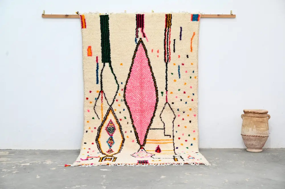 Beige DecorBites™ handmade Moroccan Azilal rug 245x146 cm with vibrant pink green multicolored geometric patterns