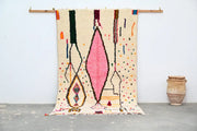 Beige DecorBites™ handmade Moroccan Azilal rug 245x146 cm with vibrant pink green multicolored geometric patterns