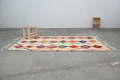 DecorBites™ handmade Moroccan azilal rug 246x142cm with cream base and colorful geometric traditional azilal patterns