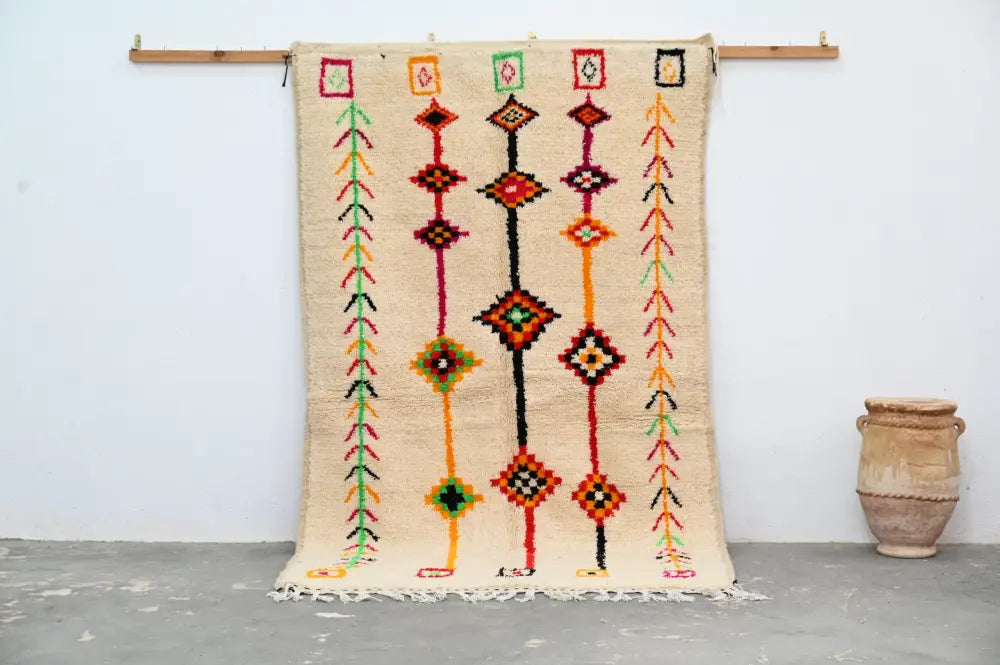 Beige decorbites handmade moroccan azilal rug 246x146 cm with vibrant red orange green and black geometric patterns