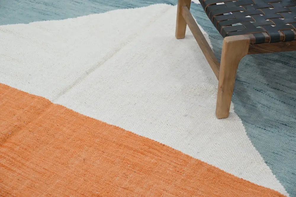 Decorbites™ handmade moroccan azilal rug 291x182 cm with bold orange white and teal geometric patterns in natural wool