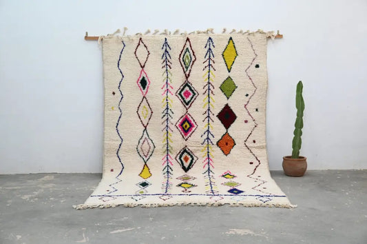 Beige decorbites™ handmade moroccan azilal rug with colorful pink yellow green and orange geometric diamond patterns 293x206cm