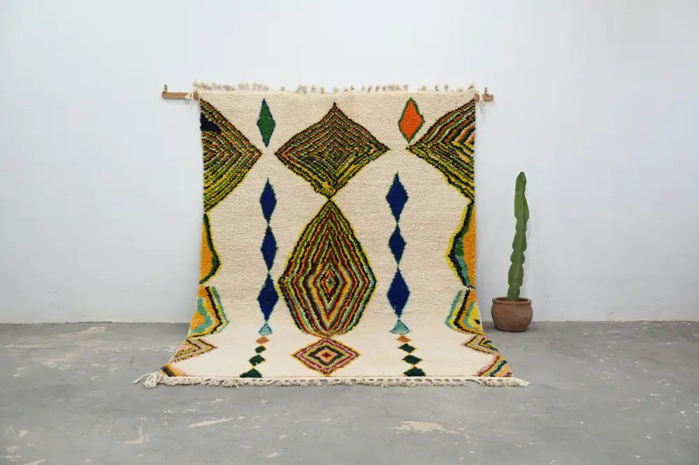 Beige DecorBites™ handmade moroccan azilal rug with green orange blue and brown wool geometric patterns 300 x 206 cm