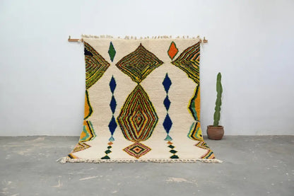 Beige DecorBites™ handmade moroccan azilal rug with green orange blue and brown wool geometric patterns 300 x 206 cm