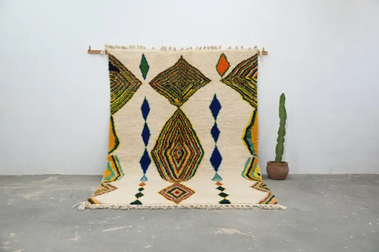 Beige DecorBites™ handmade moroccan azilal rug with green orange blue and brown wool geometric patterns 300 x 206 cm
