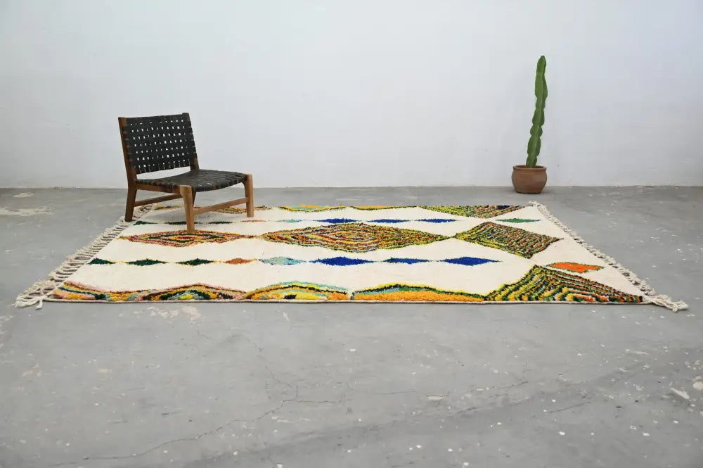 DecorBites™ handmade Moroccan azilal rug cream wool with vibrant geometric diamond and triangular motifs fringed edges 300x206 cm