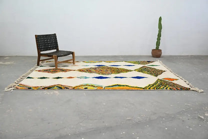 DecorBites™ handmade Moroccan azilal rug cream wool with vibrant geometric diamond and triangular motifs fringed edges 300x206 cm