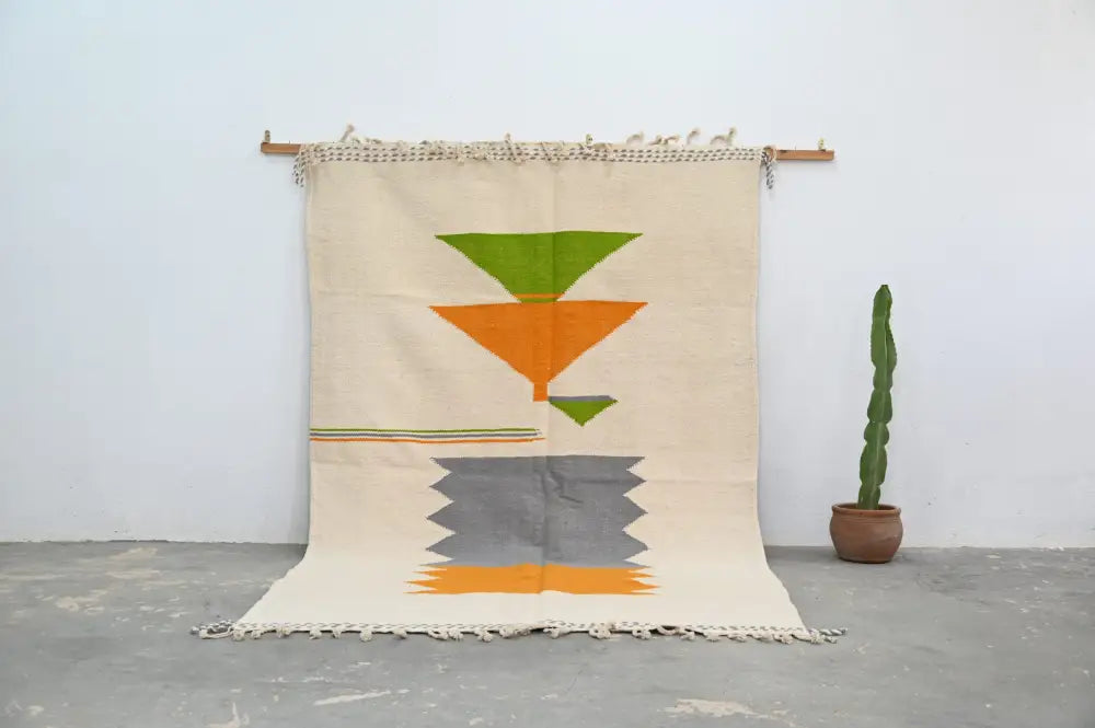Beige decorbites™ moroccan handmade azilal rug 300x192 cm with bold green orange and gray geometric patterns