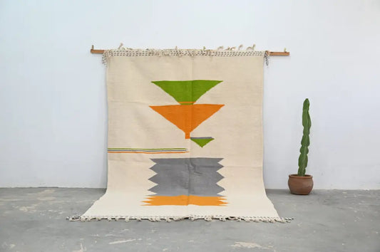 Beige decorbites™ moroccan handmade azilal rug 300x192 cm with bold green orange and gray geometric patterns