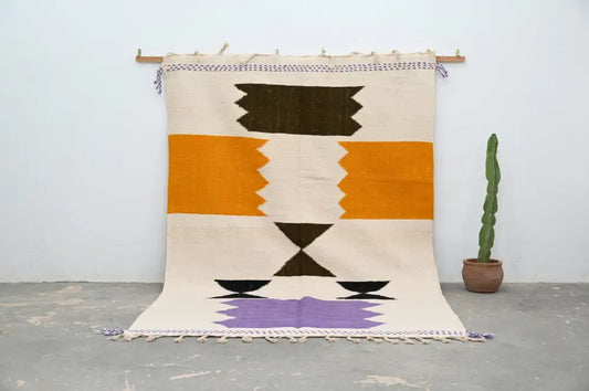 Beige woven decorbites™ moroccan handmade azilal rug with bold orange, dark brown, and purple geometric patterns 300x203 cm