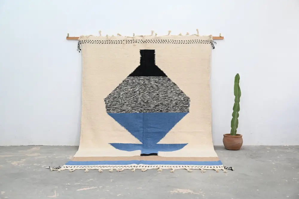 Beige woven decorbites™ handmade moroccan azilal rug 300x205 cm with bold geometric vase design and fringed edges