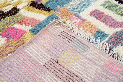Decorbites handmade moroccan azilal rug 300x208 cm with colorful patchwork design in pastel and vibrant hues