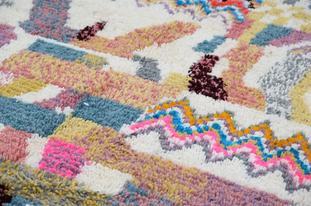 Decorbites™ handmade moroccan azilal rug 300x208 cm featuring colorful geometric patchwork in pastel and vibrant hues