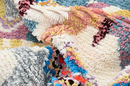 Decorbites™ handmade moroccan azilal rug 300x208 cm colorful wool patchwork with cream blue pink yellow and gray