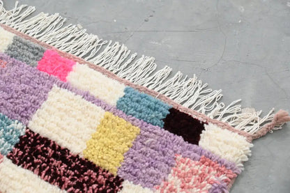 DecorBites™ handmade Moroccan azilal rug 300x208 cm with colorful pastel patchwork and white tassel fringe