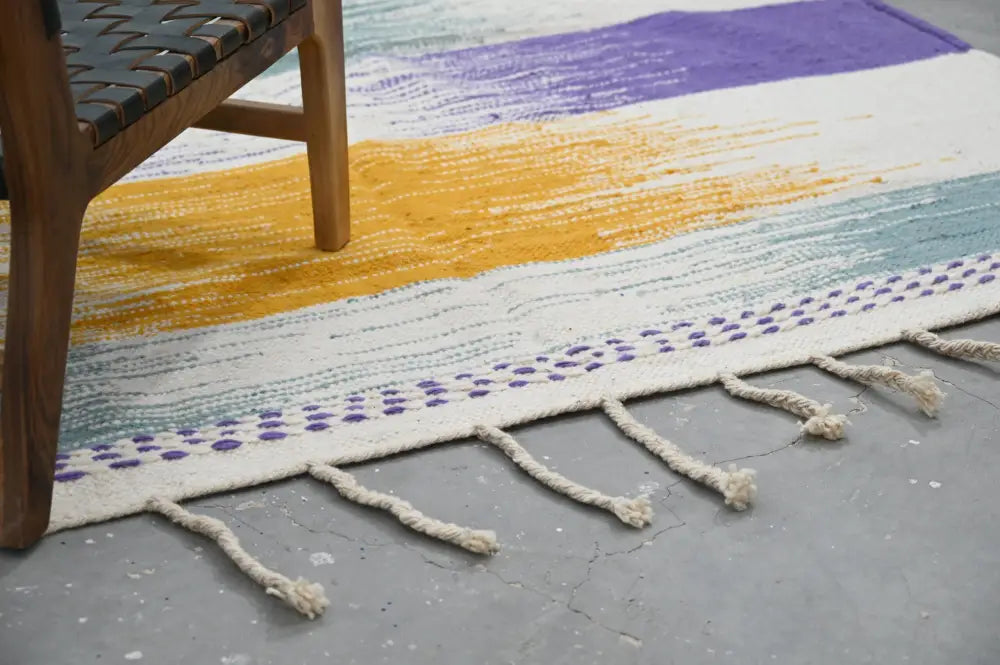 DecorBites™ handmade Moroccan azilal rug 302x197cm with colorful horizontal stripes and natural fiber fringed edges