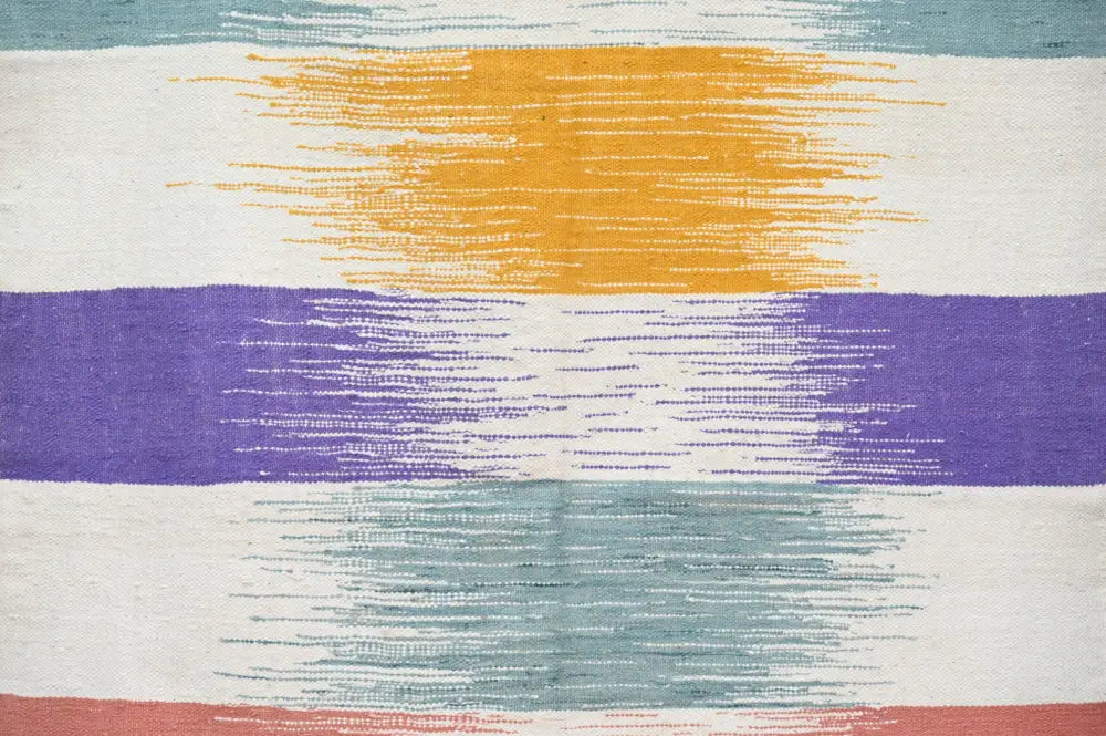 Decorbites™ handmade moroccan azilal rug 302x197cm with vibrant orange purple teal and terracotta textured horizontal bands
