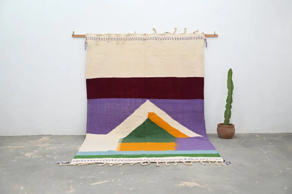 Decorbites™ handmade moroccan azilal rug 304 x 202 cm colorful geometric wool with cream burgundy purple green and orange designs hanging