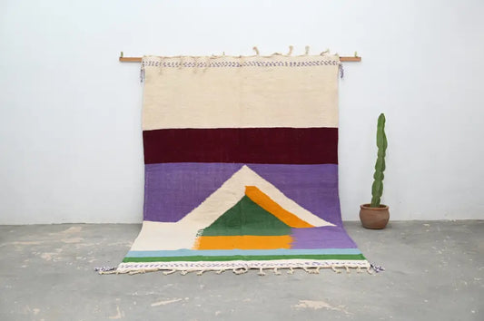 Decorbites™ handmade moroccan azilal rug 304 x 202 cm colorful geometric wool with cream burgundy purple green and orange designs hanging