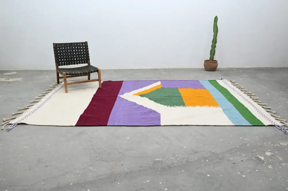 Decorbites™ handmade moroccan azilal rug 304 x 202 cm with vibrant purple maroon green orange and blue stripes on cream background