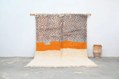 Handwoven decorbites™ handmade moroccan azilal rug with textured gray and orange stripes on off-white base 304 x 210 cm