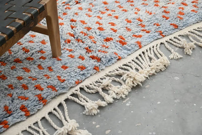 Decorbites™ handmade moroccan azilal rug 304 x 210 cm with soft light blue and orange pattern and cream fringe