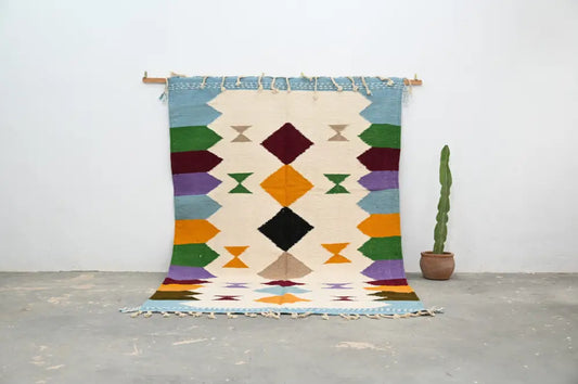 Decorbites™ handmade moroccan azilal rug 305x204cm with vibrant geometric diamond and arrow motifs on cream background