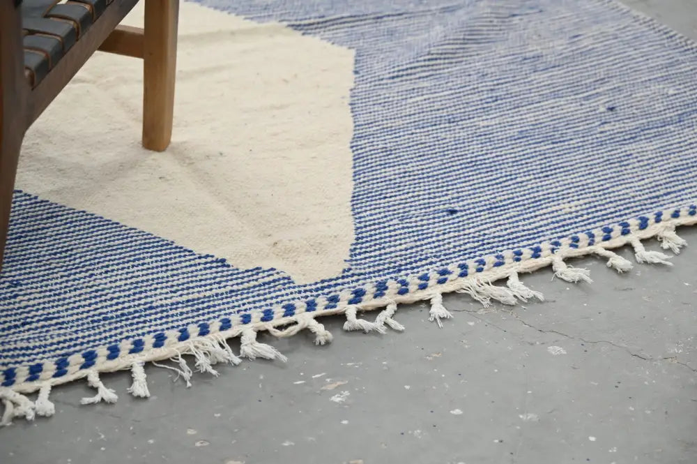 DecorBites Handmade Morrocan azilal rug 306x177cm with blue and cream geometric pattern and fringed edges