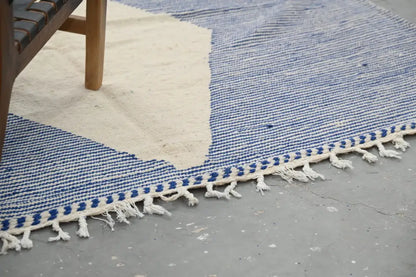 DecorBites Handmade Morrocan azilal rug 306x177cm with blue and cream geometric pattern and fringed edges