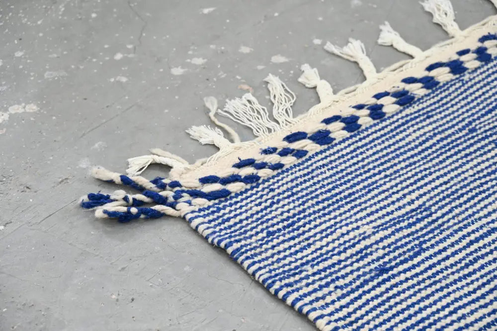Decorbites™ handmade moroccan azilal rug 306x177cm featuring blue and white stripes with fringed edges