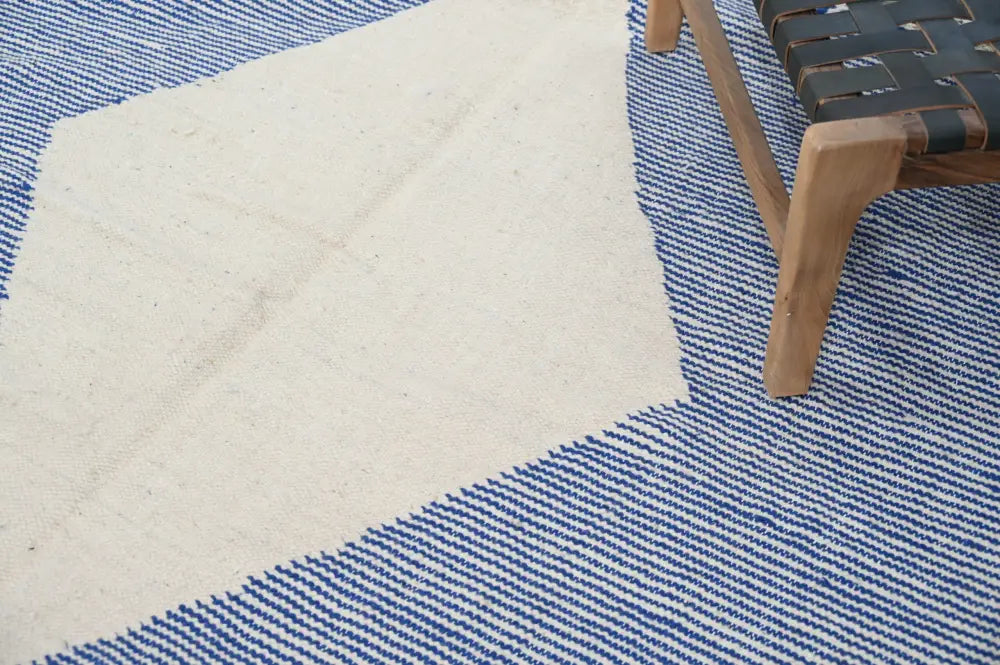 Cream-colored woven handmade DecorBites azilal rug 306x177cm with bold blue and white striped pattern
