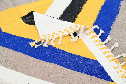 DecorBites™ handmade Moroccan azilal rug with vibrant yellow blue black and white stripes and fringed edge 306x196cm
