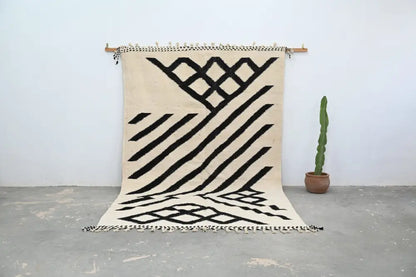 Beige and black geometric patterned wool handmade moroccan azilal rug with fringe 317x200 cm decorbites