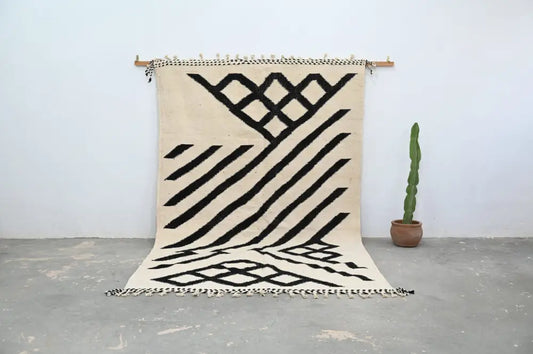 Beige and black geometric patterned wool handmade moroccan azilal rug with fringe 317x200 cm decorbites