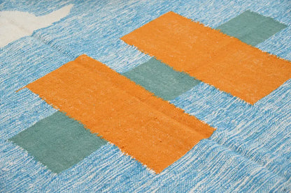 DecorBites™ handmade traditional azilal rug 300x200cm with bold orange and teal geometric blocks on light blue background