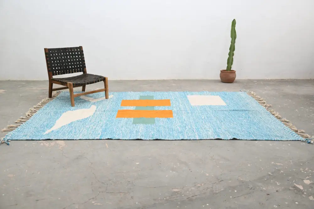 Decorbites™ handmade traditional azilal rug 300x200cm in light blue with geometric patterns and fringed edges