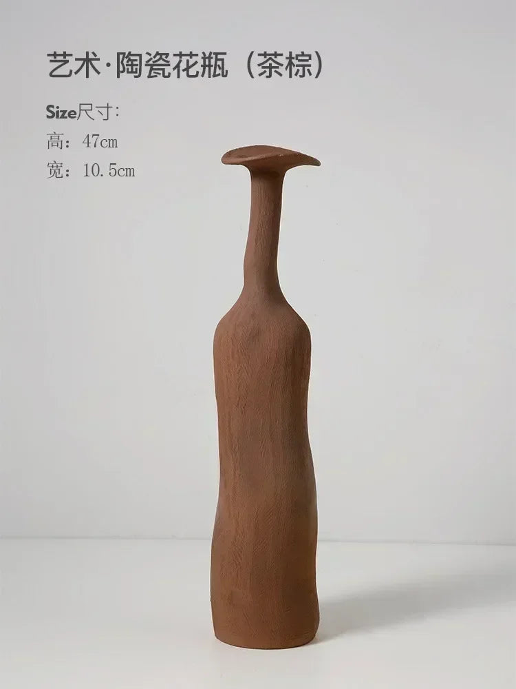 Handmade Nordic Ceramic Flower Vase for Luxury Home - Tea brown 47x10.5cm - Vase