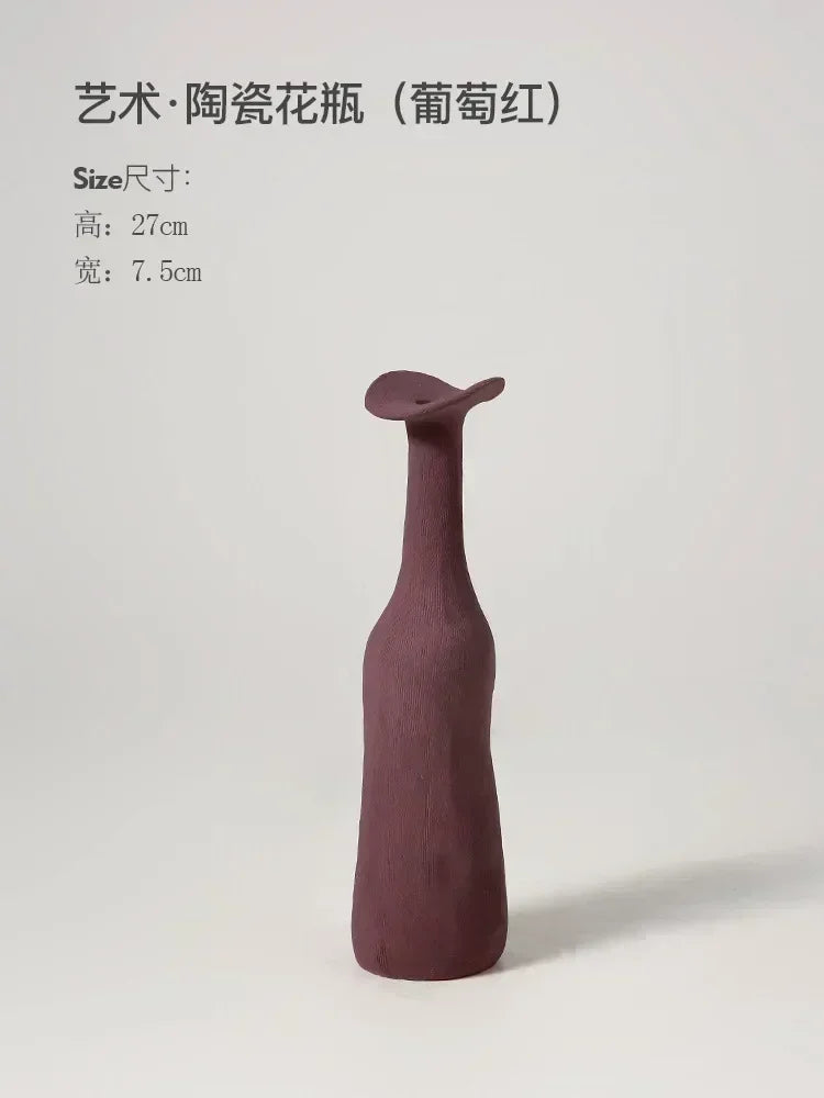Handmade Nordic Ceramic Flower Vase for Luxury Home - Wine red 27x7.5cm - Vase