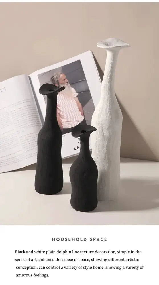 DecorBites™ handmade Nordic ceramic flower vase with black and white ceramic dolphin line texture decoration