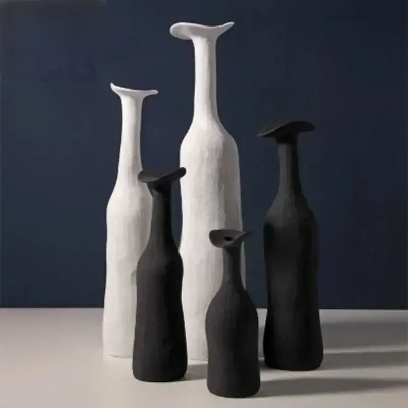 Set of minimalist black and white ceramic flower vases with sculpted necks from decorbites handmade nordic collection