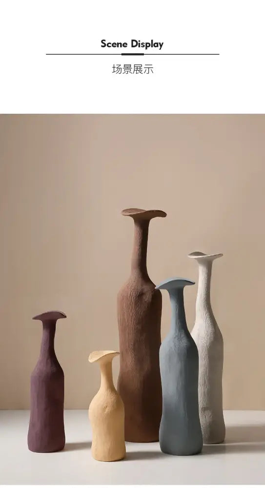 Set of five DecorBites™ handmade ceramic flower vases in earthy tones with slender necks and flared tops for luxury home