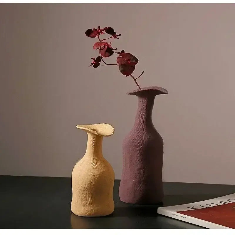 Decorbites™ handmade nordic ceramic flower vases in beige and muted purple with textured surfaces and flared tops