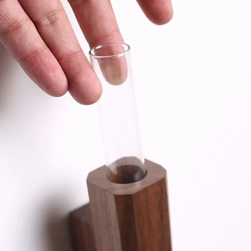 A clear glass test tube held in a dark brown solid wood handmade nordic wall vase by decorbites for plants