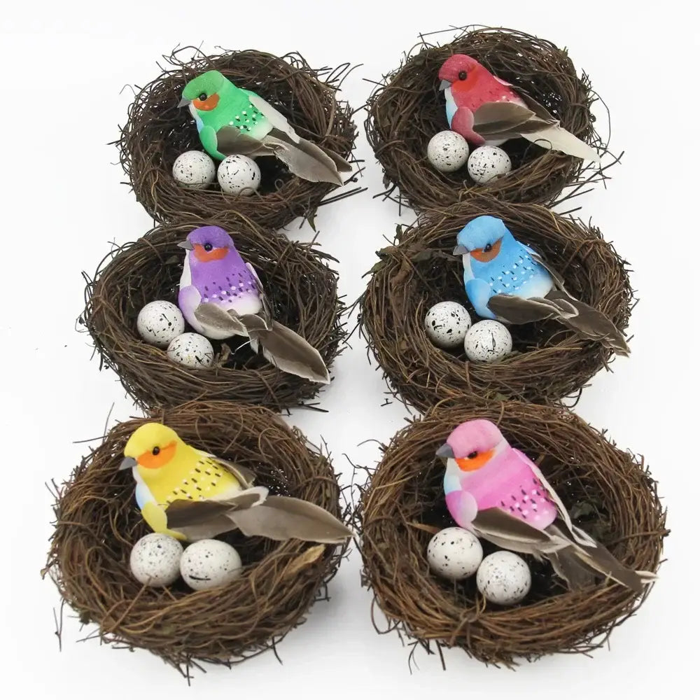 DecorBites™ handmade round rattan bird nest decoration with colorful plastic birds and speckled eggs in brown nests