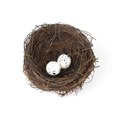 DecorBites handmade round rattan bird nest decoration with rustic brown woven rattan and two white speckled eggs