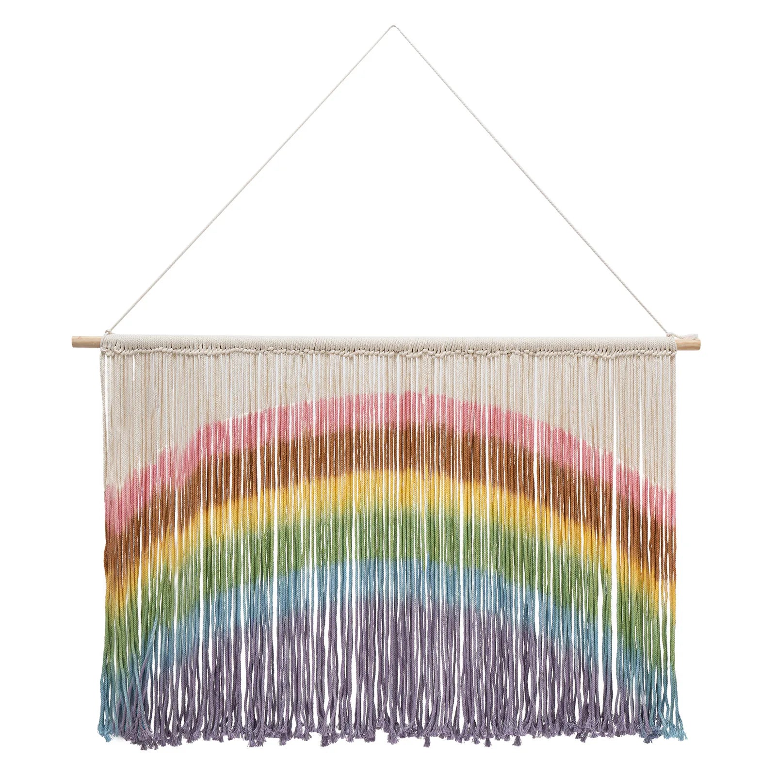 Decorbites handmade weaving colorful rainbow macrame wall hanging with wooden dowel and natural yarn strands