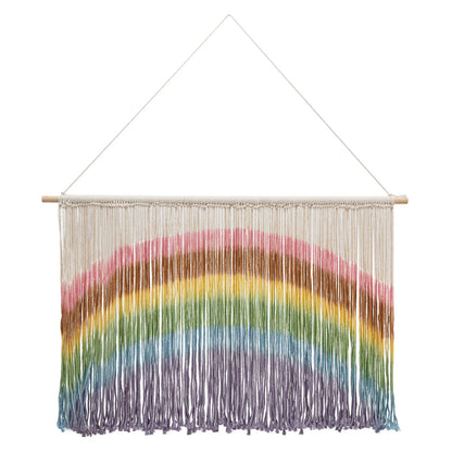 Decorbites handmade weaving colorful rainbow macrame wall hanging with wooden dowel and natural yarn strands