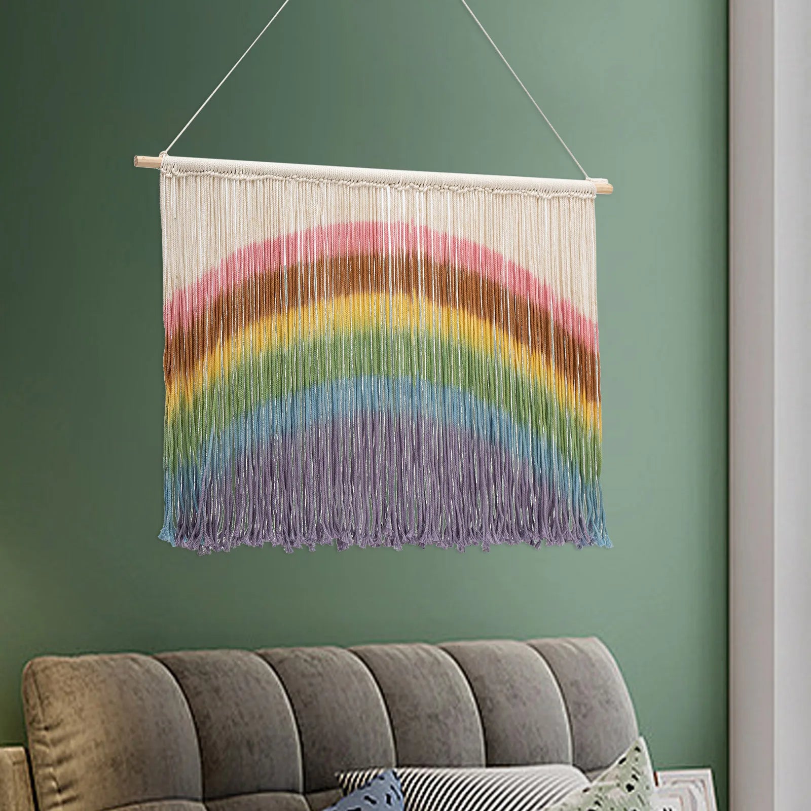 DecorBites handmade weaving macrame wall hanging with colorful pastel rainbow on wooden dowel for wall decor 109 by 70 cm