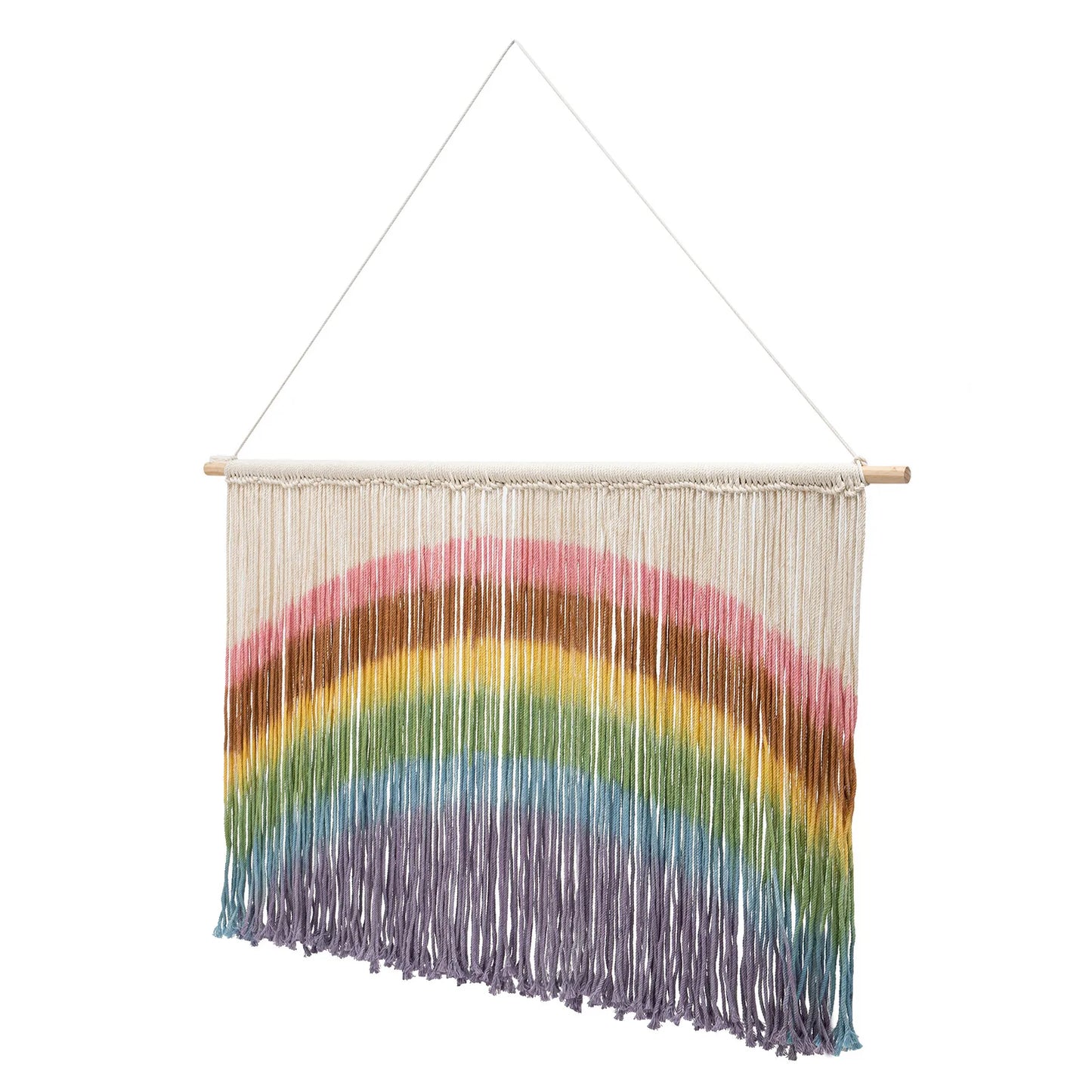 Colorful tie-dye handmade weaving macrame wall hanging with wooden dowel and cream yarn fringe by DecorBites